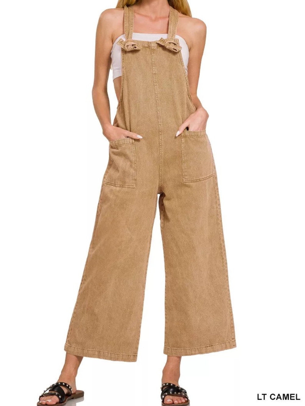 Zenana | Washed Knot Strap Pockets Jumpsuit/Denim Overall - Neutral Chic- NWT